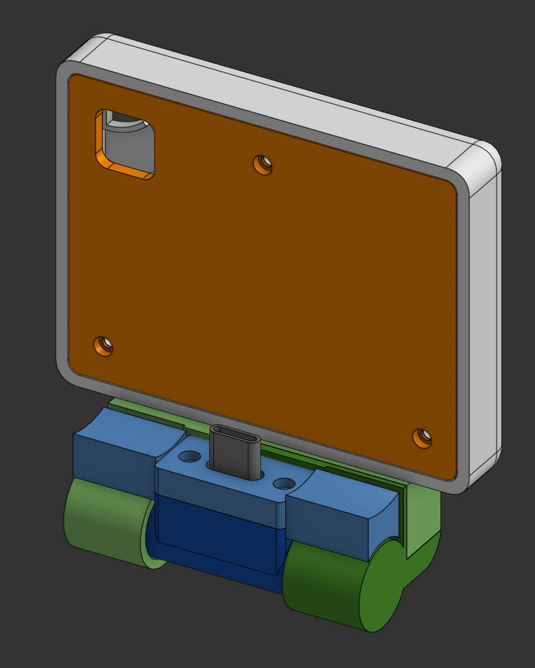 CAD render of the Joyfon case from behind, showing the back plate, the USB-C passthrough and the hinged phone clamp.