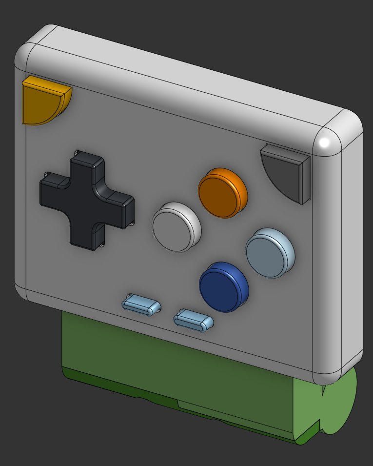 CAD render of the Joyfon case, front three-quarter view, showing the D-pad, four face buttons and two slim Start/Select keys.
