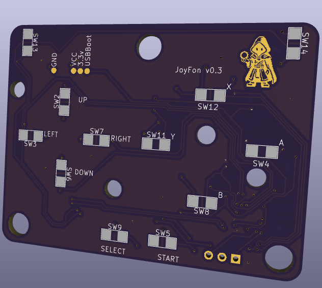 Render of the purple Joyfon PCB, front side, with silkscreen labels for every switch and a wizard mascot.